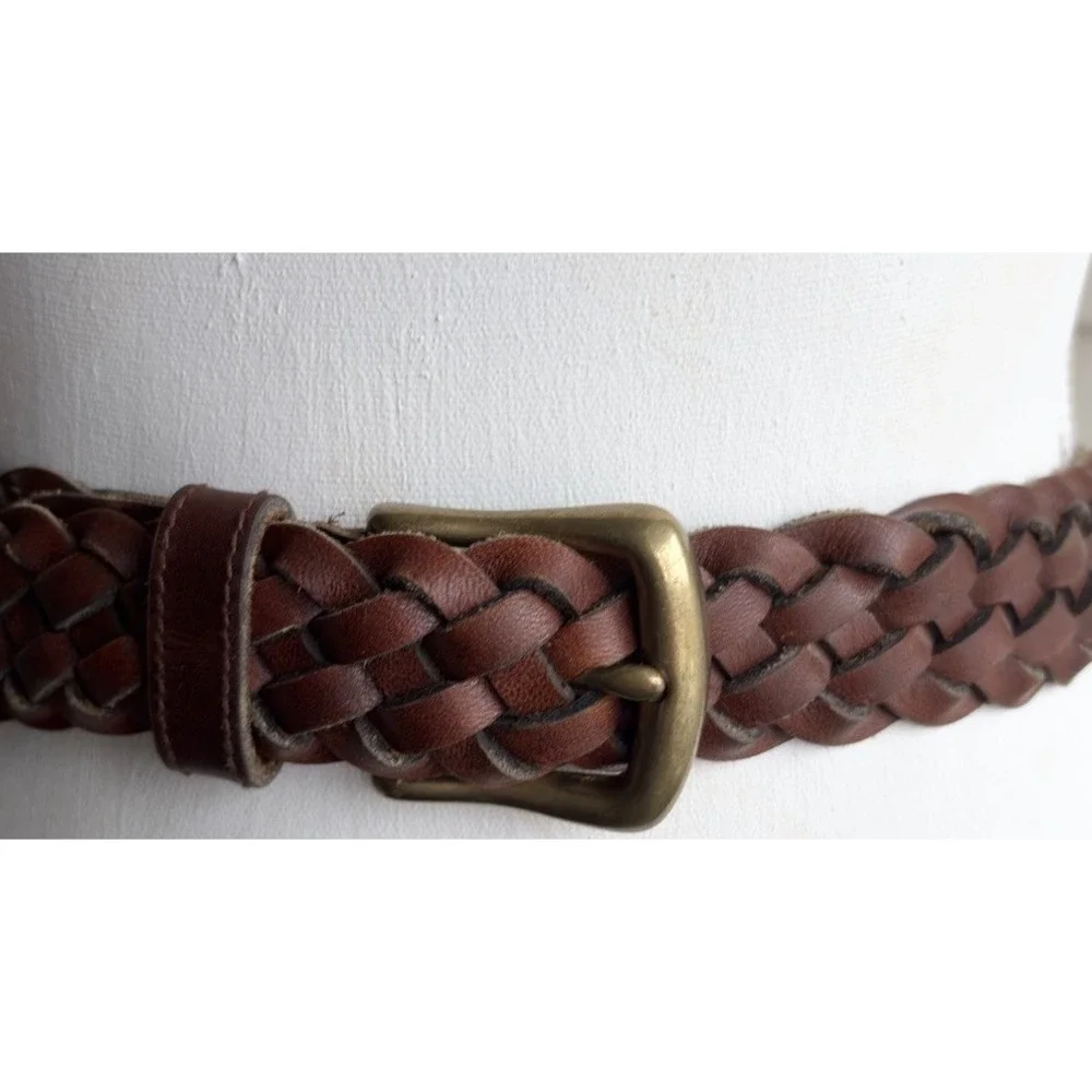Haggar Black Label Braided Genuine Leather Belt Brown Solid Brass Buckle 34/36